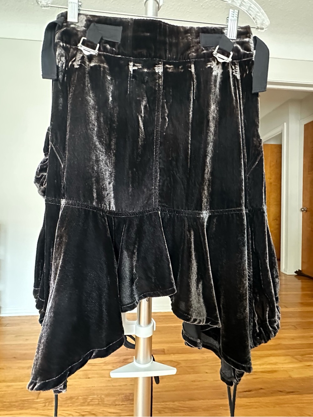 Free People Black Velvet Asymmetrical Drawstring Skirt size 4 - Picture 2 of 13